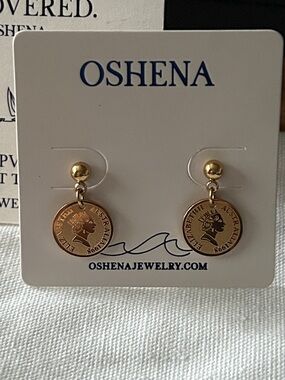 Oshena Designer beachwear Queen Elizabeth coin Gold-Tone Earrings